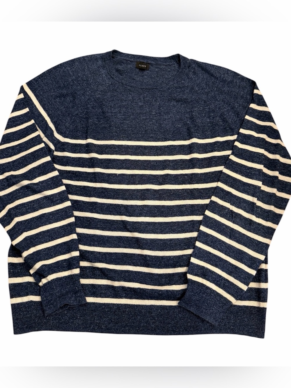 J. Crew Men's Navy and White Striped Linen/Cotton Crewneck Sweater XL
